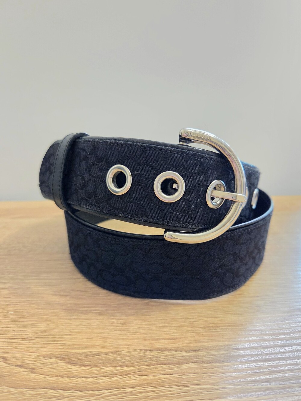 Coach Black Signature Soho Jacquard Canvas Grommet Belt Silver Buckle - Medium